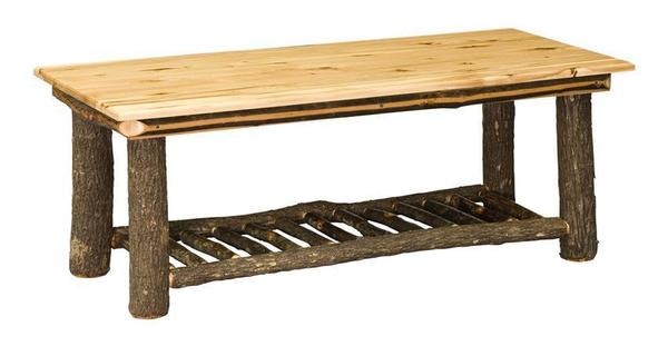 Amish 48 Wide Handcrafted Hoosier Rustic Hickory Wood Coffee Table shown in Hickory with Natural Finish